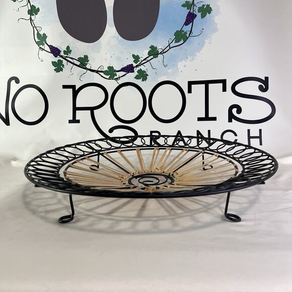 Large Woven Bamboo & Black Metal Round Tray Boho Farmhouse Decor 17” - Picture 4 of 9